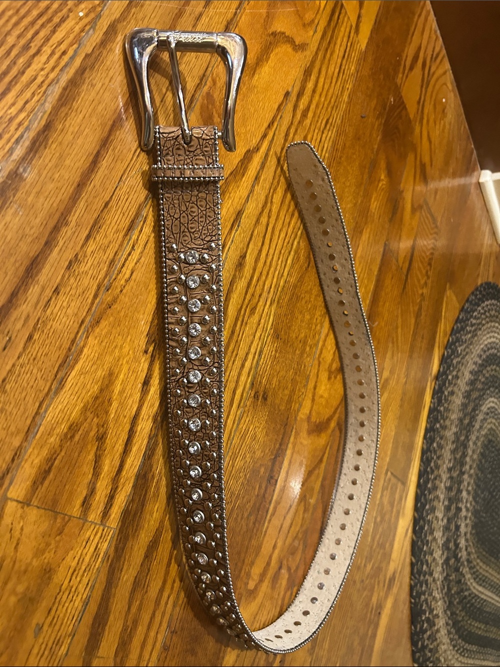 Brown Studded Leather Belt with Rhinestones